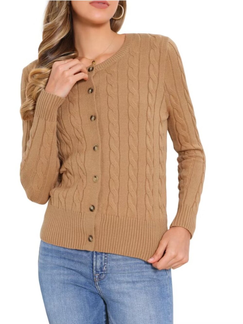 INSPIRE CHIC Women's Crew Neck Button Down Long Sleeve Casual Knit Cardigan Swea
